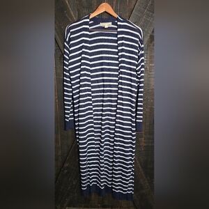 Michael Kors Navy and White Striped Open Cardigan With Pockets Medium